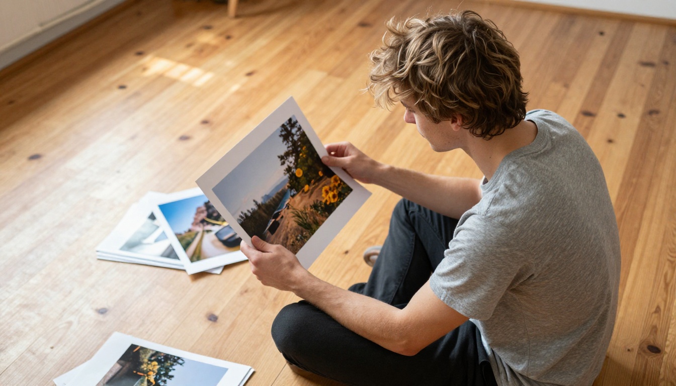 Young man sitting on studio floor examining large photograph Young man sitting on studio floor examining large photograph