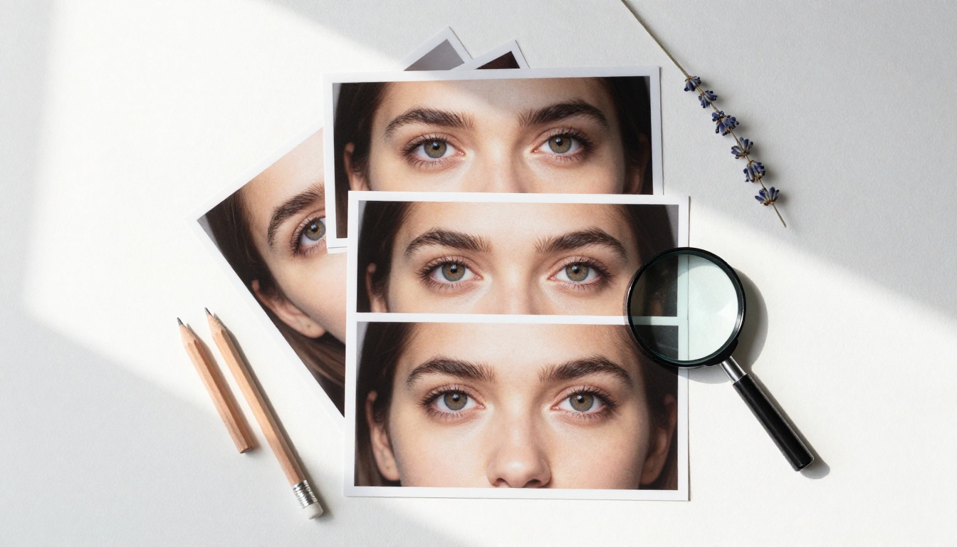 Flat-lay of photography prints and magnifying glass on white surface Flat-lay of photography prints and magnifying glass on white surface