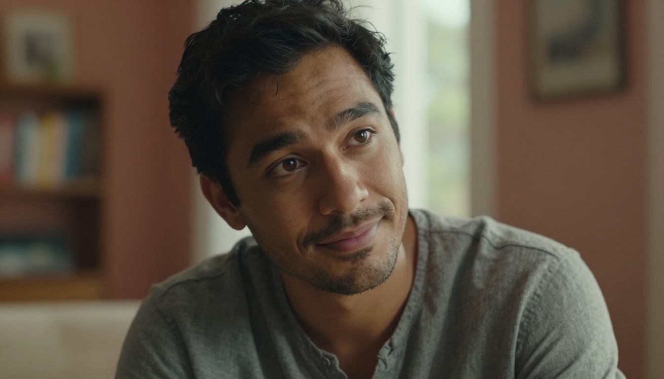 A man listening intently with warm, attentive expression A man listening intently with warm, attentive expression