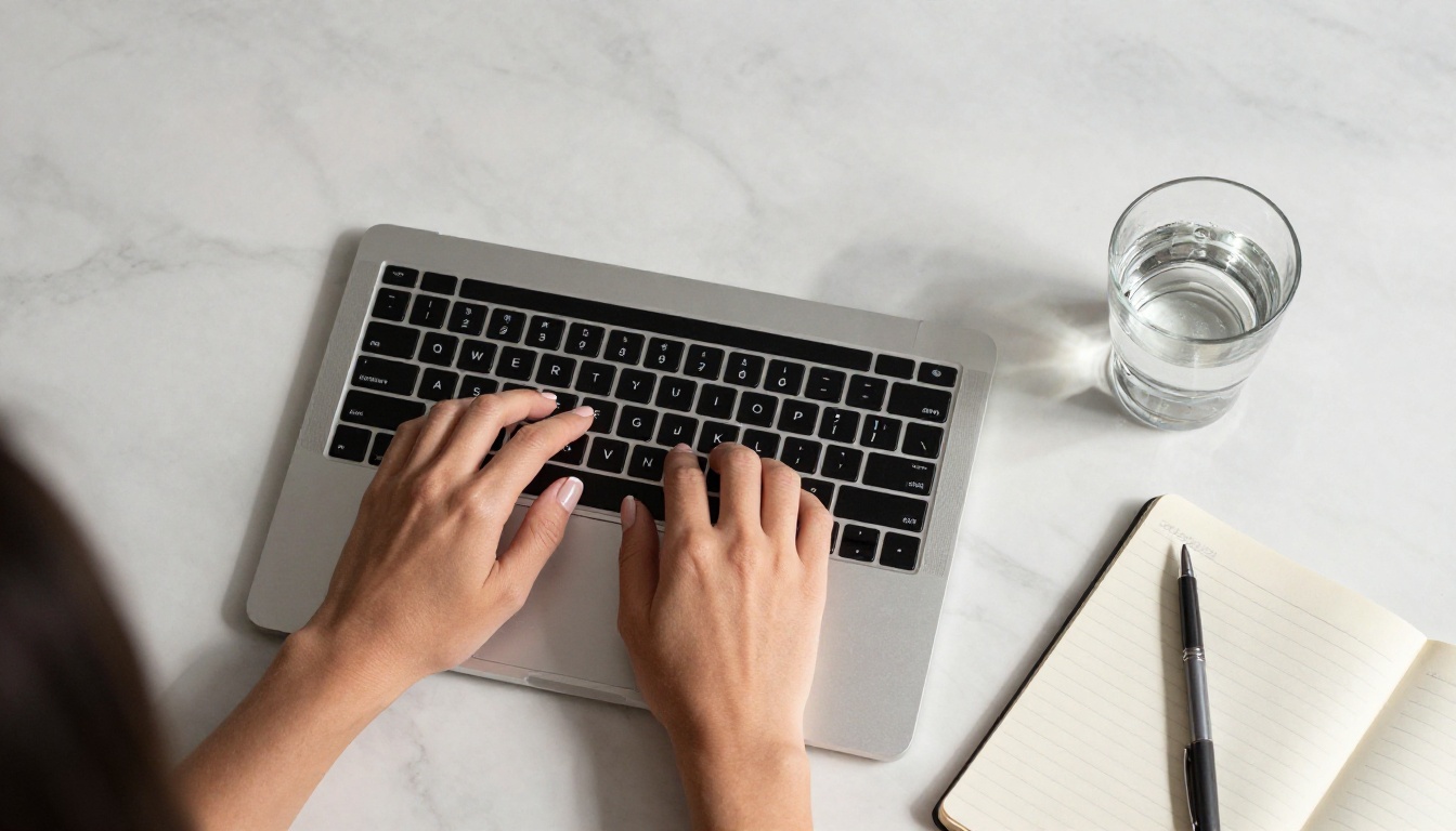 Hands typing on a laptop, building an AI system Hands typing on a laptop, building an AI system