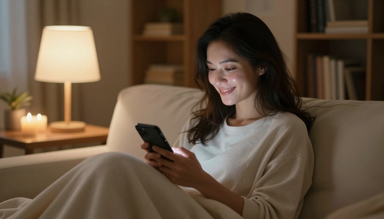 Woman relaxing on couch at night, warm and comfortable Woman relaxing on couch at night, warm and comfortable