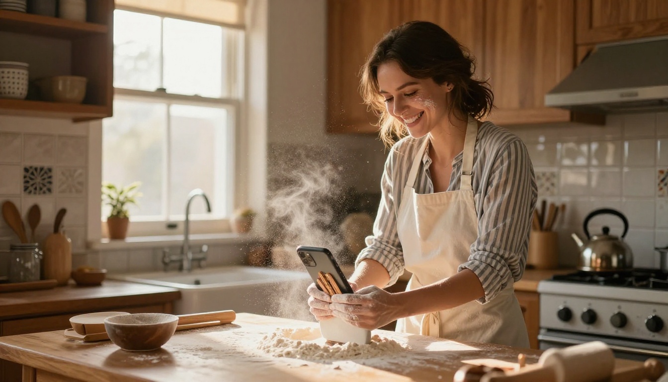 Woman laughing in a sunlit kitchen, joyful and natural Woman laughing in a sunlit kitchen, joyful and natural