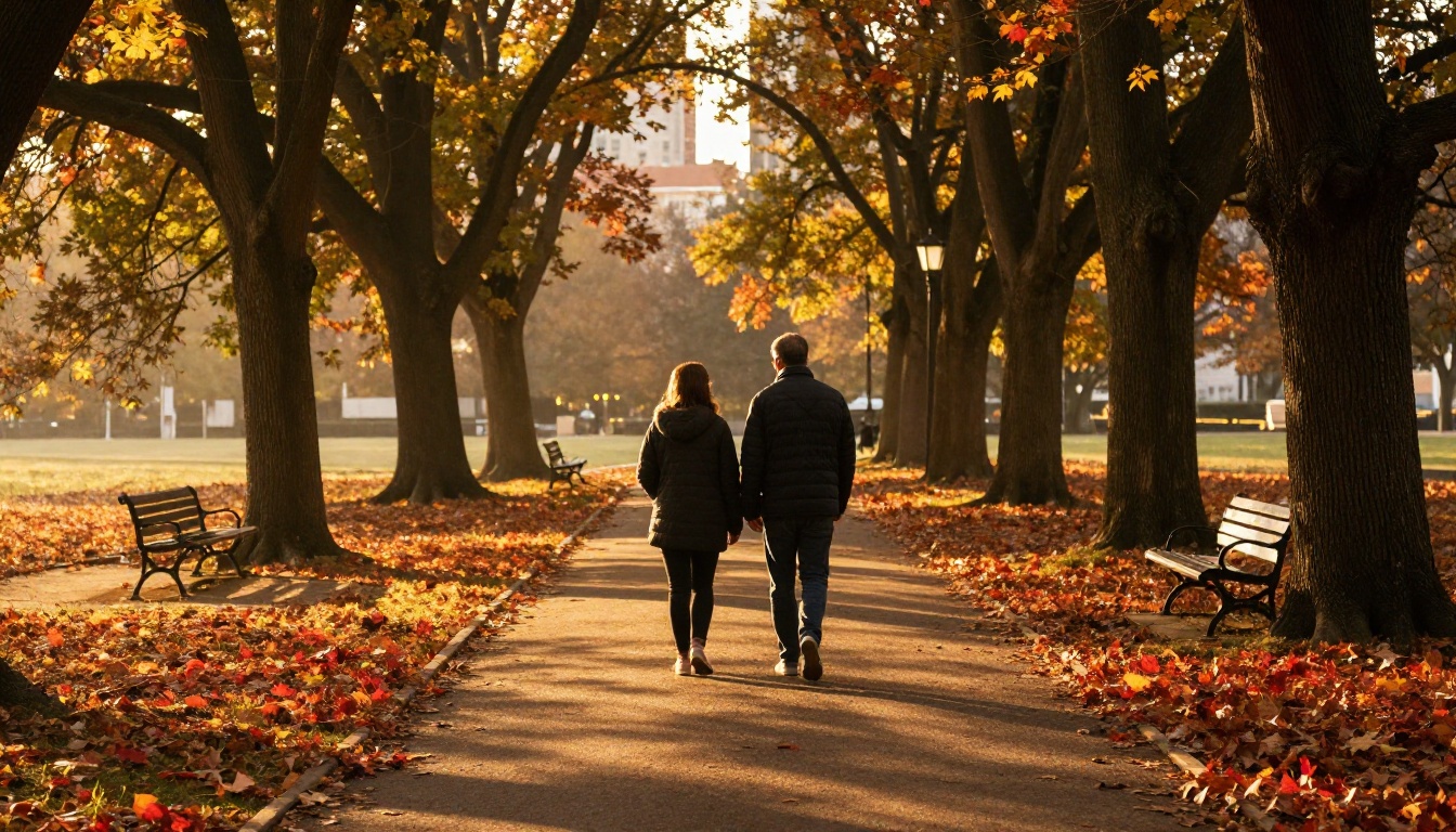 Two people walking together through a golden-hour park Two people walking together through a golden-hour park