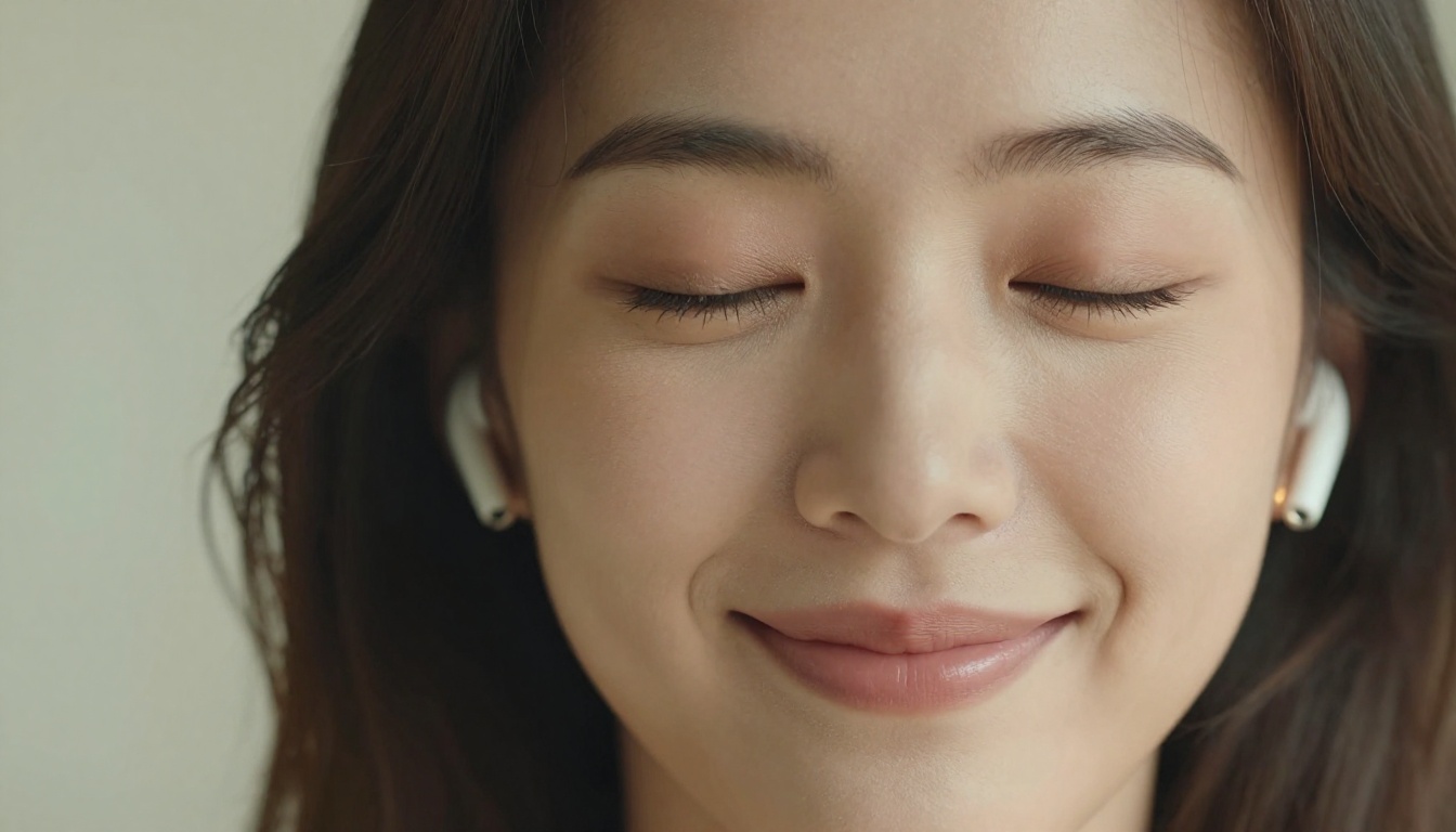 Woman with earbuds listening with a peaceful smile Woman with earbuds listening with a peaceful smile