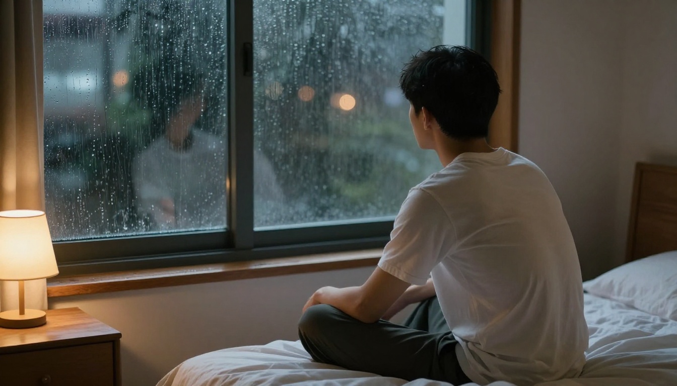 Man sitting alone by rain-streaked window at night, contemplative Man sitting alone by rain-streaked window at night, contemplative