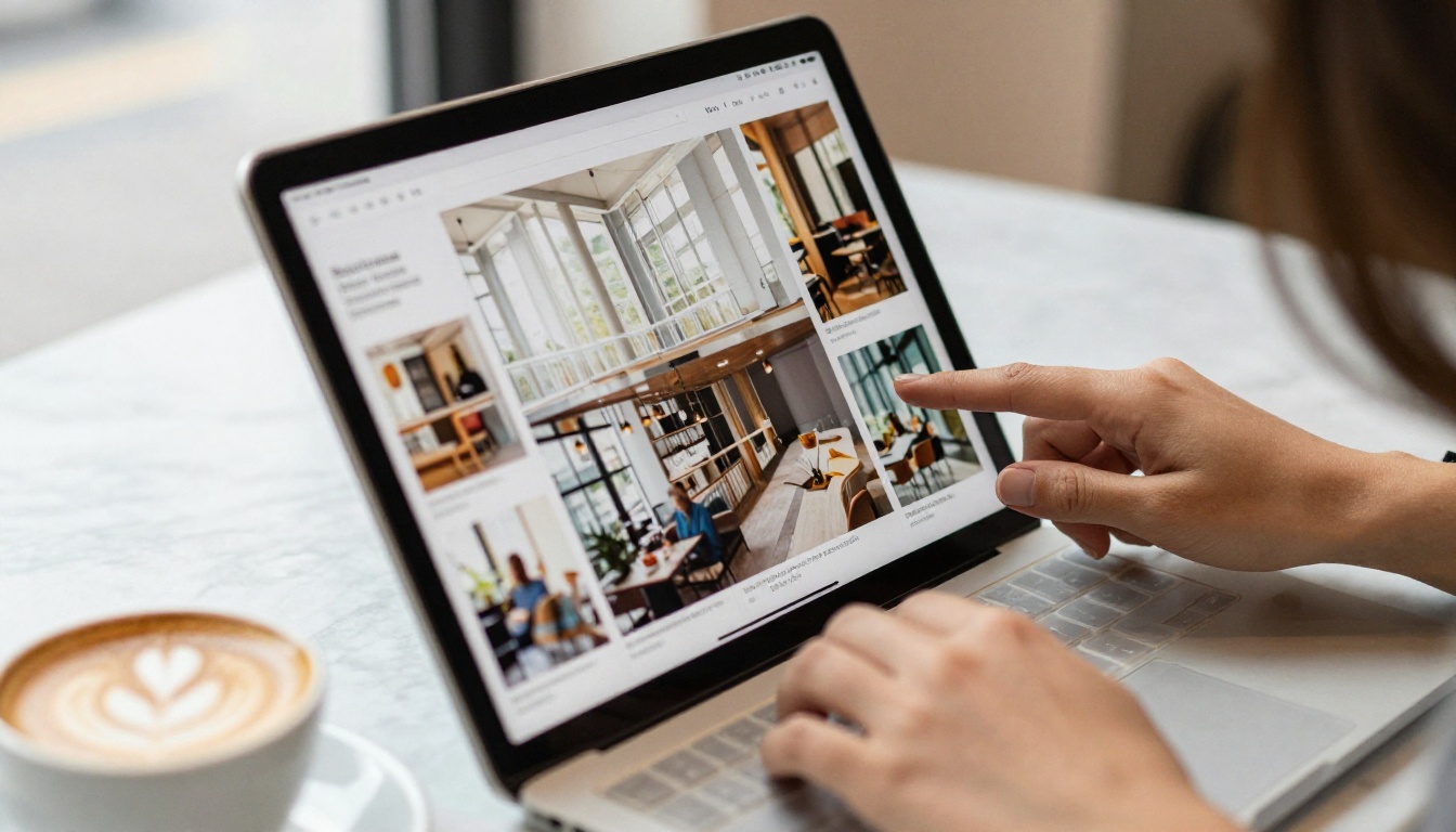 Woman scrolling a clean digital magazine in a bright cafe