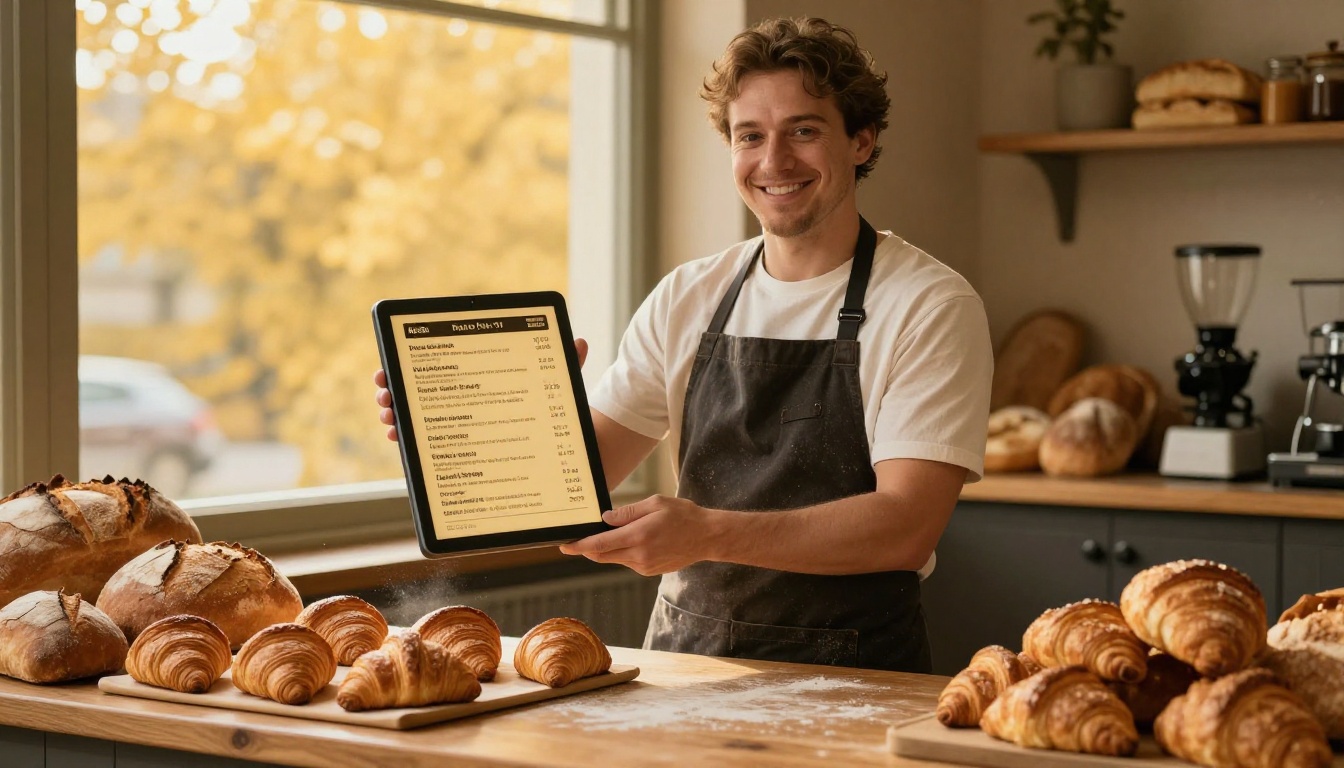 Bakery owner showing a digital menu on a tablet Bakery owner showing a digital menu on a tablet