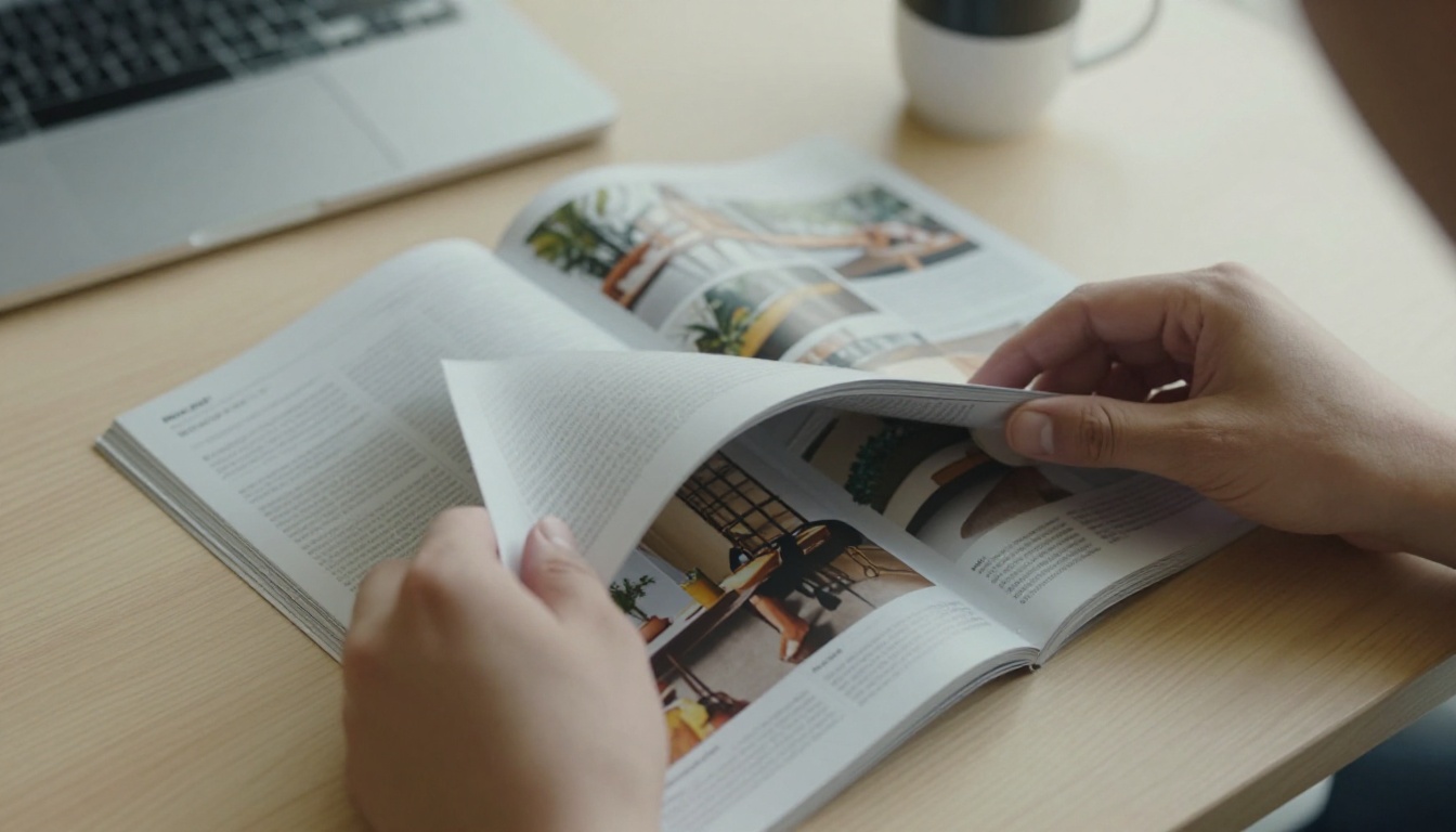 Hands flipping through a printed magazine on a wooden table