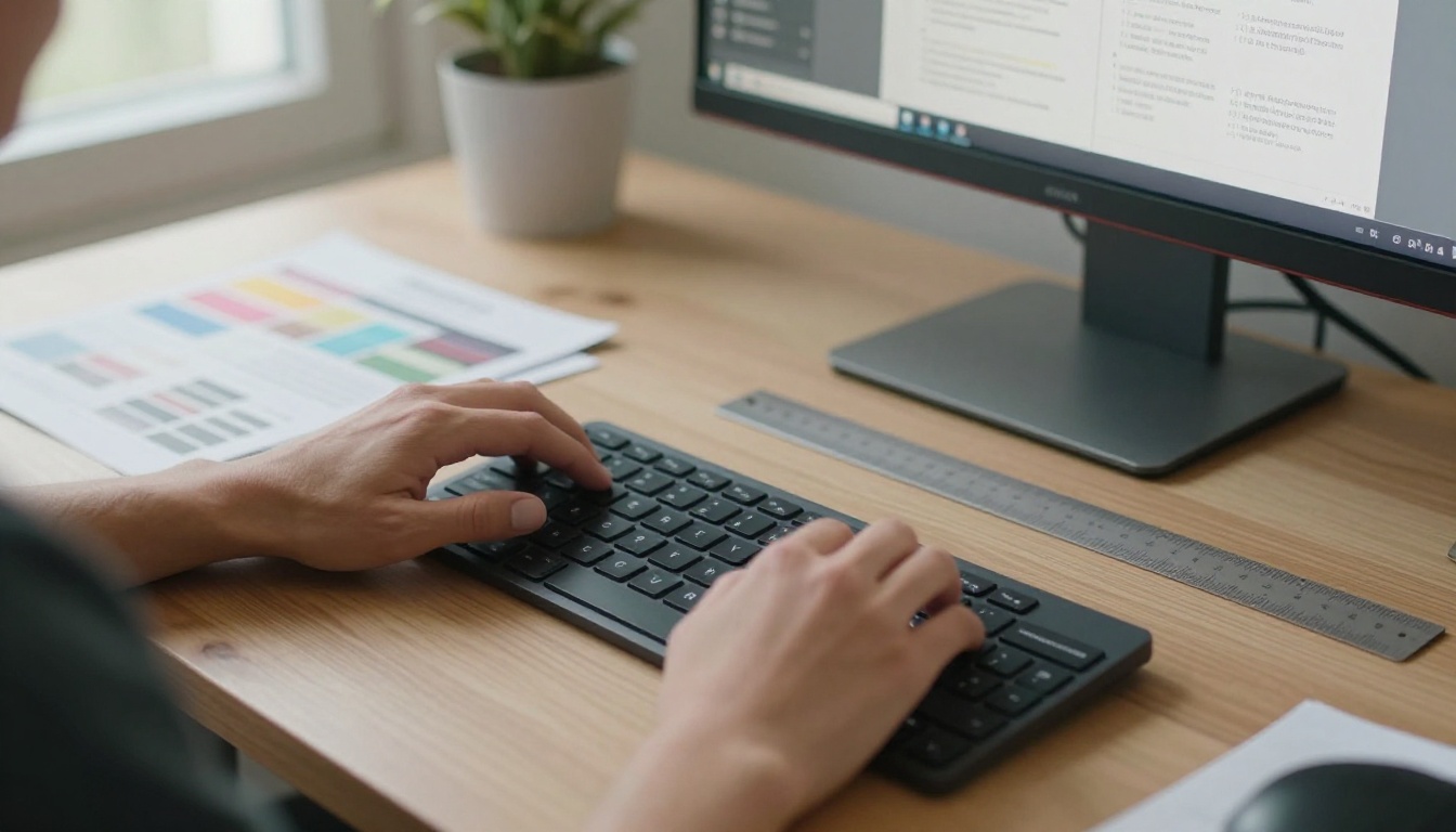 A graphic designer arranging a brochure layout on a large monitor A graphic designer arranging a brochure layout on a large monitor