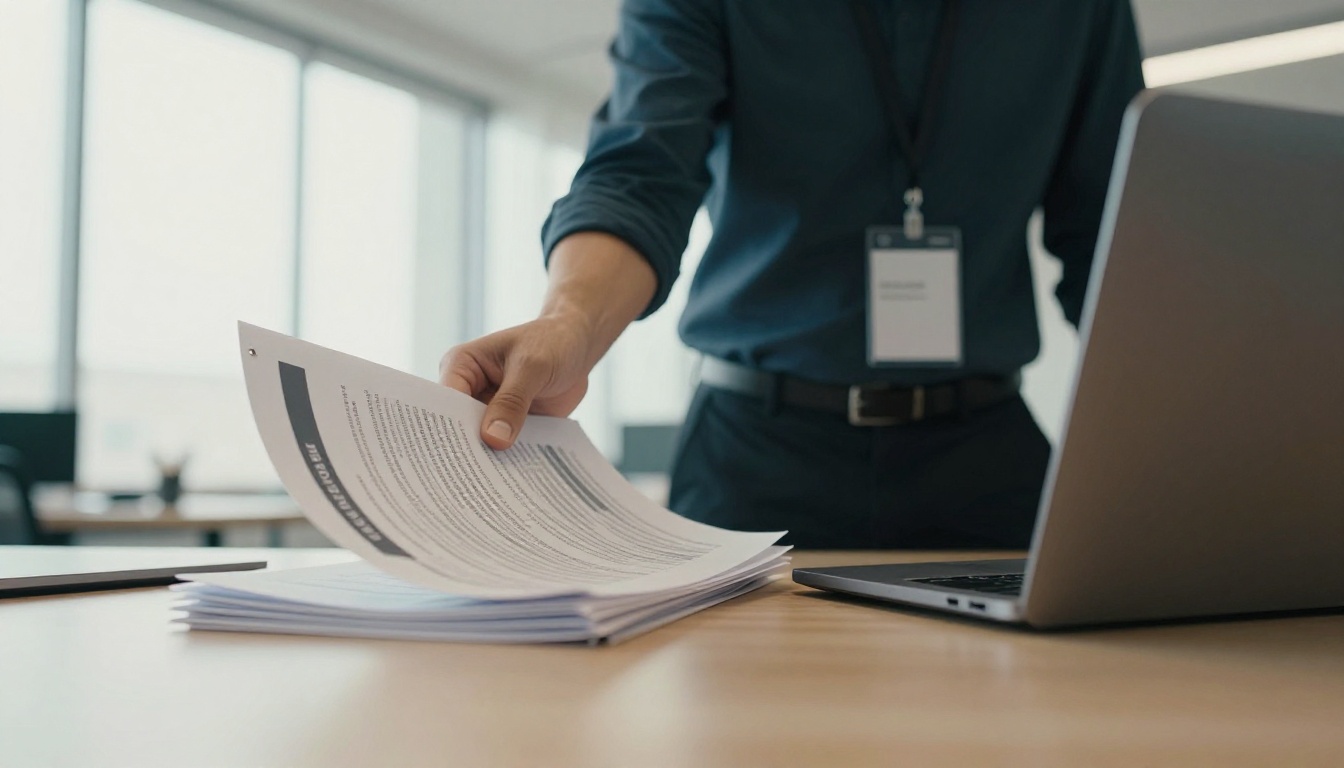 Marketing manager dragging a printed PDF toward a laptop Marketing manager dragging a printed PDF toward a laptop