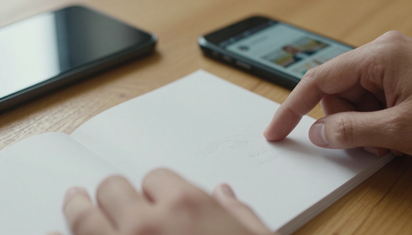 Hands turning a catalog page beside a phone Hands turning a catalog page beside a phone