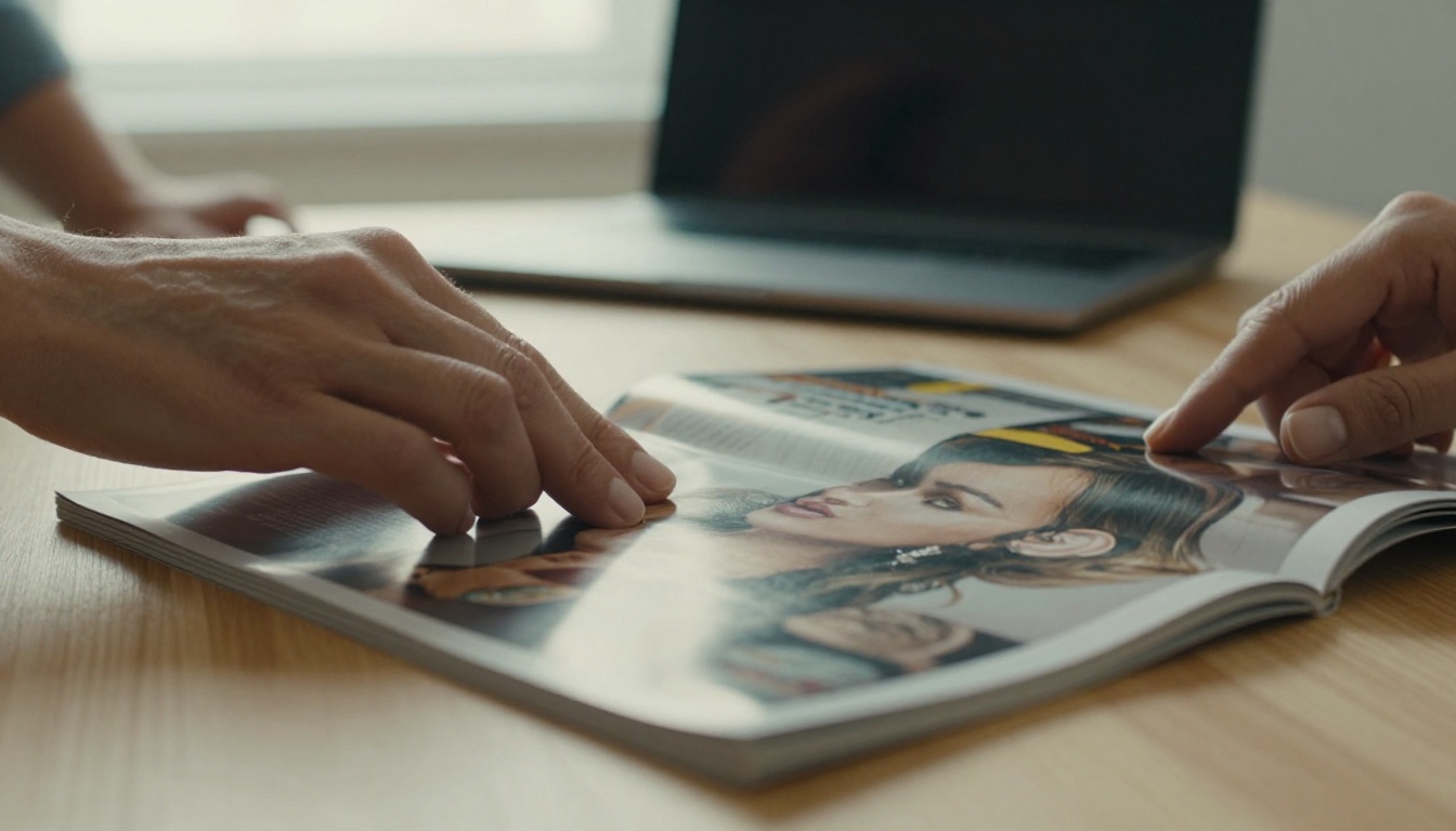 A woman's hands turning a glossy printed magazine page beside a laptop A woman's hands turning a glossy printed magazine page beside a laptop
