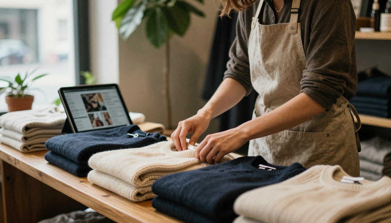 Boutique owner arranging knitwear on a wooden display table