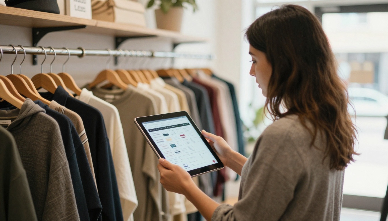 Boutique owner viewing a digital catalog on a tablet