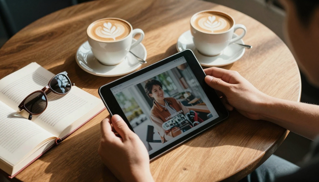 A reader holding a tablet with a digital magazine beside a latte at a cafe table A reader holding a tablet with a digital magazine beside a latte at a cafe table