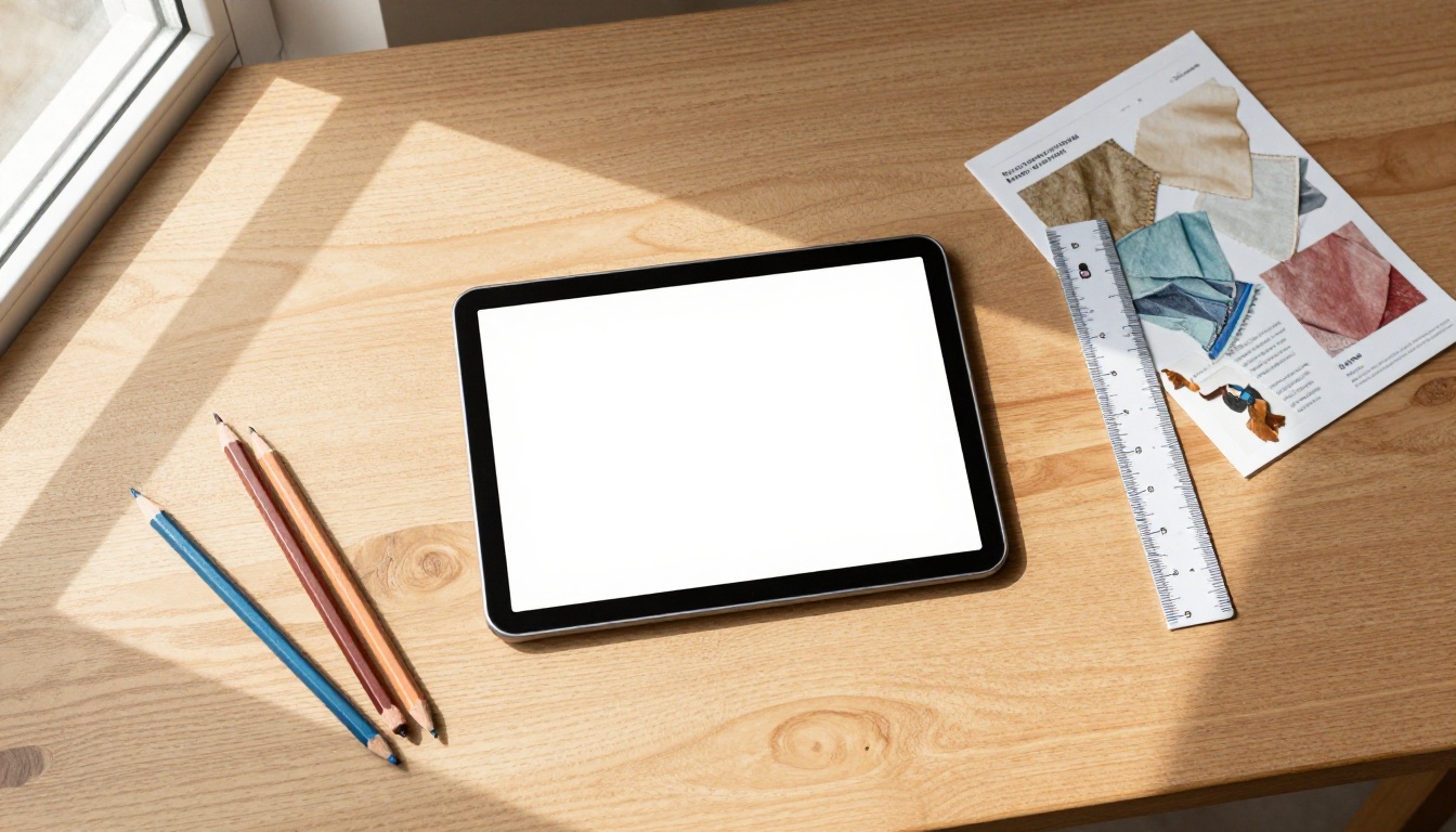 Overhead view of a desk with a tablet, pencils and brochure mockup Overhead view of a desk with a tablet, pencils and brochure mockup