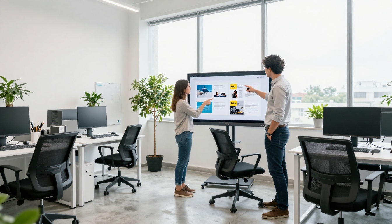 Two coworkers reviewing a branded digital brochure Two coworkers reviewing a branded digital brochure