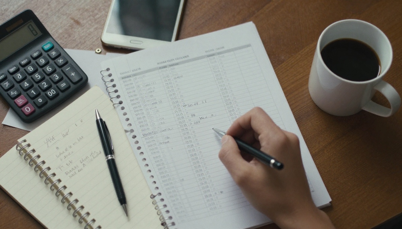 Desk with a calculator, pricing sheets and notebook seen from above