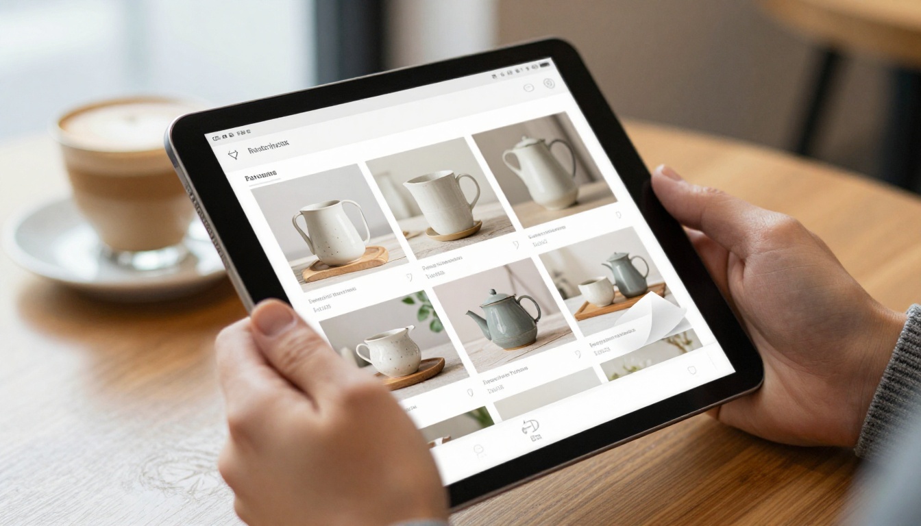 Hands holding a tablet showing a digital catalog with a page curl Hands holding a tablet showing a digital catalog with a page curl