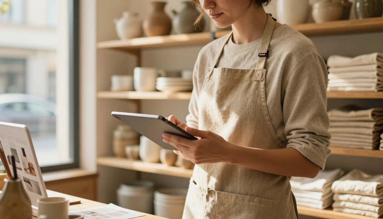 A small business owner holding a tablet with a product catalog in a sunlit boutique A small business owner holding a tablet with a product catalog in a sunlit boutique