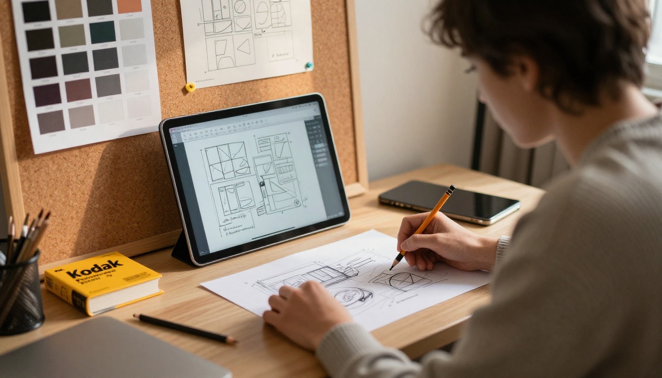 Designer sketching a layout beside a laptop Designer sketching a layout beside a laptop