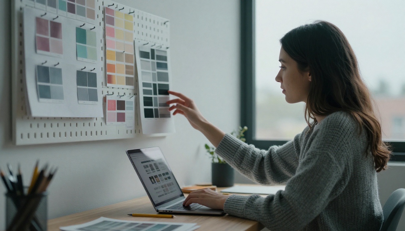 Graphic designer checking a catalog layout on a laptop at a standing desk