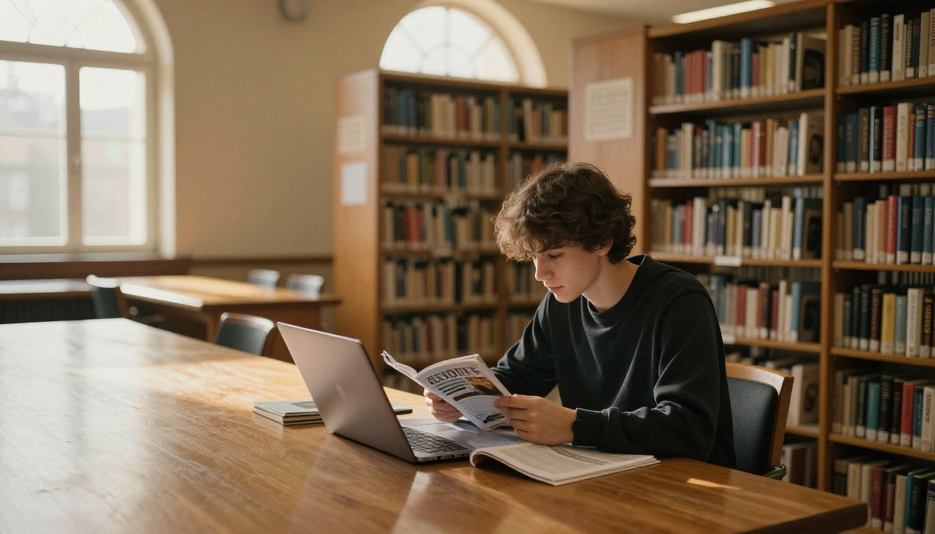 Student reading a PDF magazine on a laptop in a quiet library
