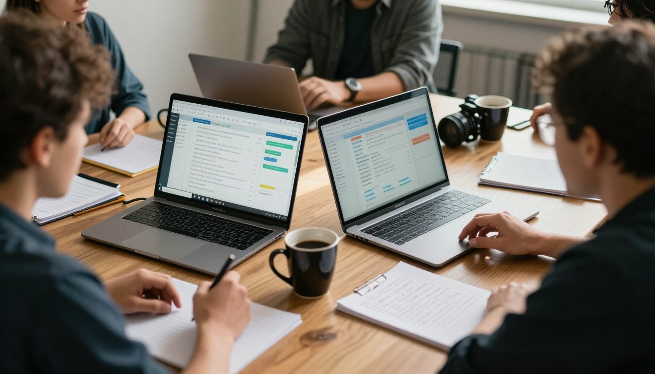 Team comparing two software dashboards at a conference table Team comparing two software dashboards at a conference table