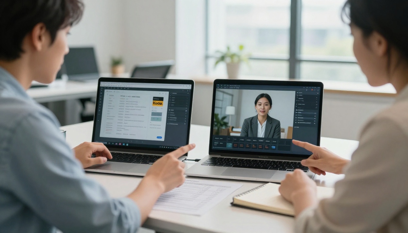 Two colleagues comparing two laptop screens and a printed pricing sheet at an office table Two colleagues comparing two laptop screens and a printed pricing sheet at an office table