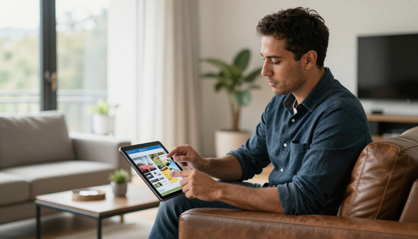 Real estate agent reviewing a property brochure on a tablet Real estate agent reviewing a property brochure on a tablet