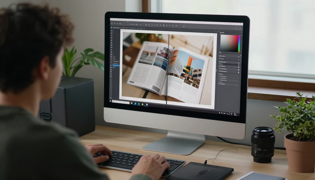 A designer exporting a magazine layout on a large monitor A designer exporting a magazine layout on a large monitor