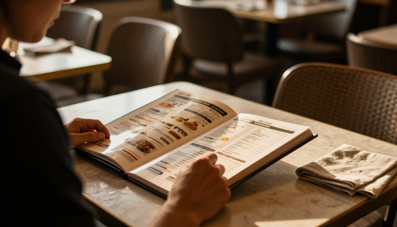 Restaurant owner reviewing a printed menu at a cafe table