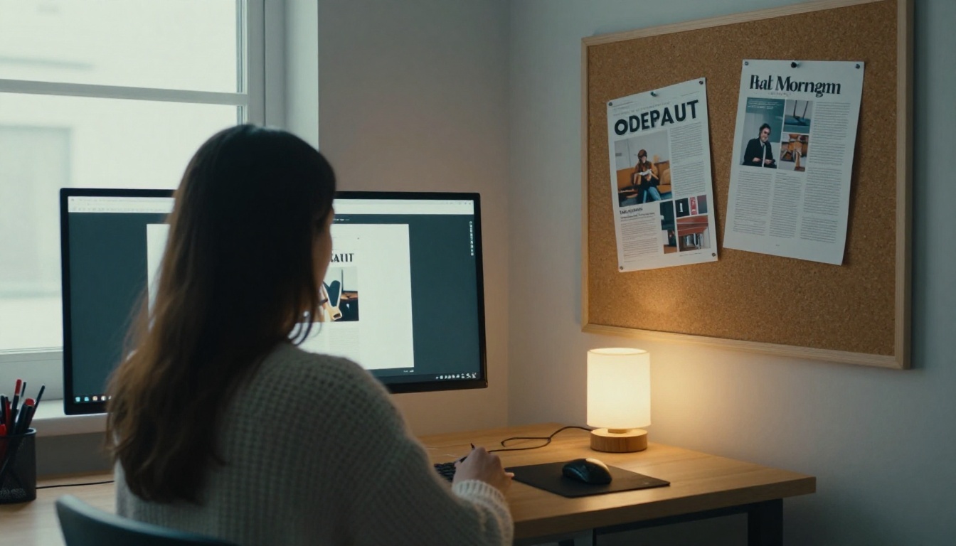 Designer uploading a magazine PDF on a large monitor