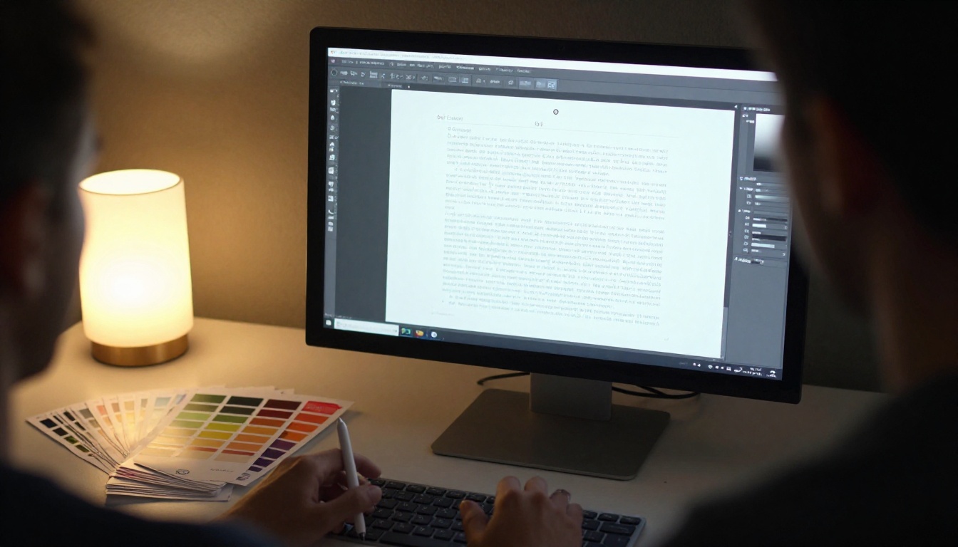 Graphic designer arranging page layouts on a large monitor Graphic designer arranging page layouts on a large monitor