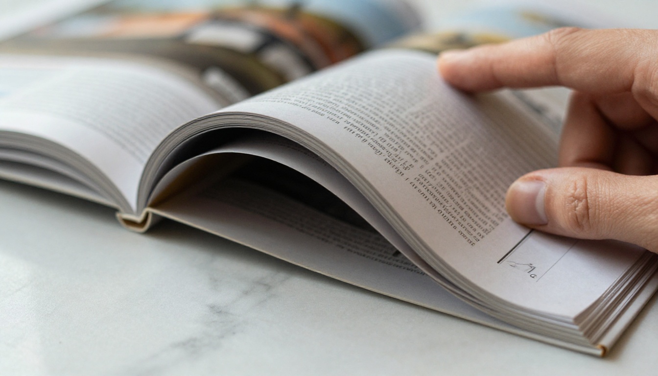 A hand turning a page of a glossy printed magazine on a marble surface A hand turning a page of a glossy printed magazine on a marble surface