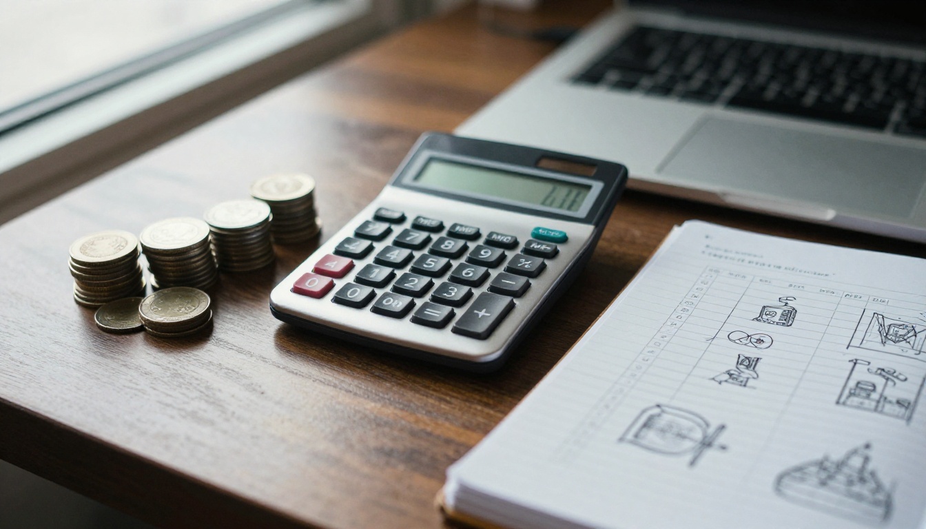 Calculator and coins beside a notepad on a cafe table Calculator and coins beside a notepad on a cafe table
