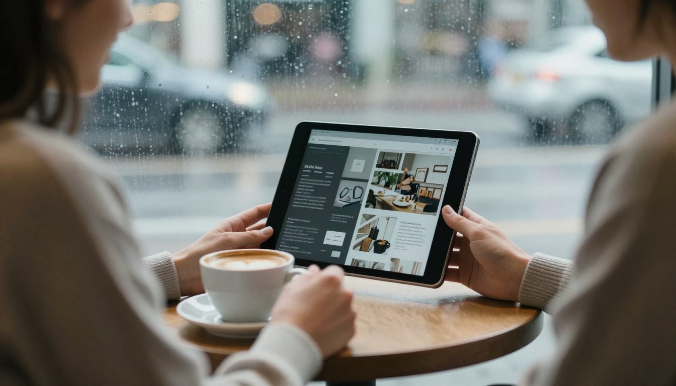 A small business owner reading a digital magazine on a tablet in a cafe A small business owner reading a digital magazine on a tablet in a cafe