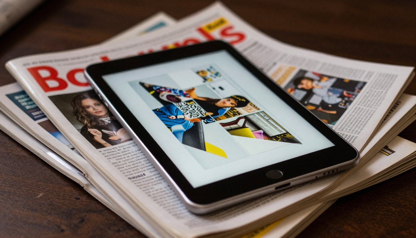 Stack of printed magazines with a tablet showing a flipbook page