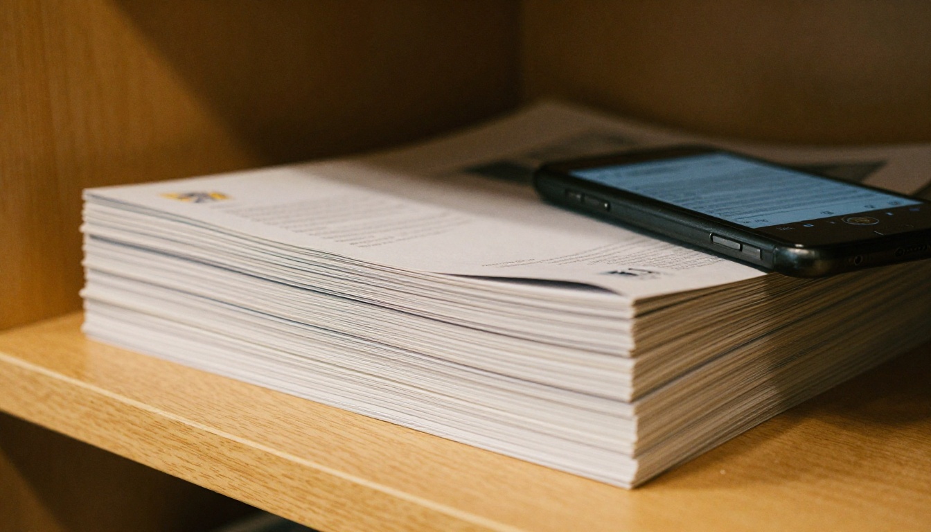Stack of printed reports beside a smartphone showing a flip publication Stack of printed reports beside a smartphone showing a flip publication