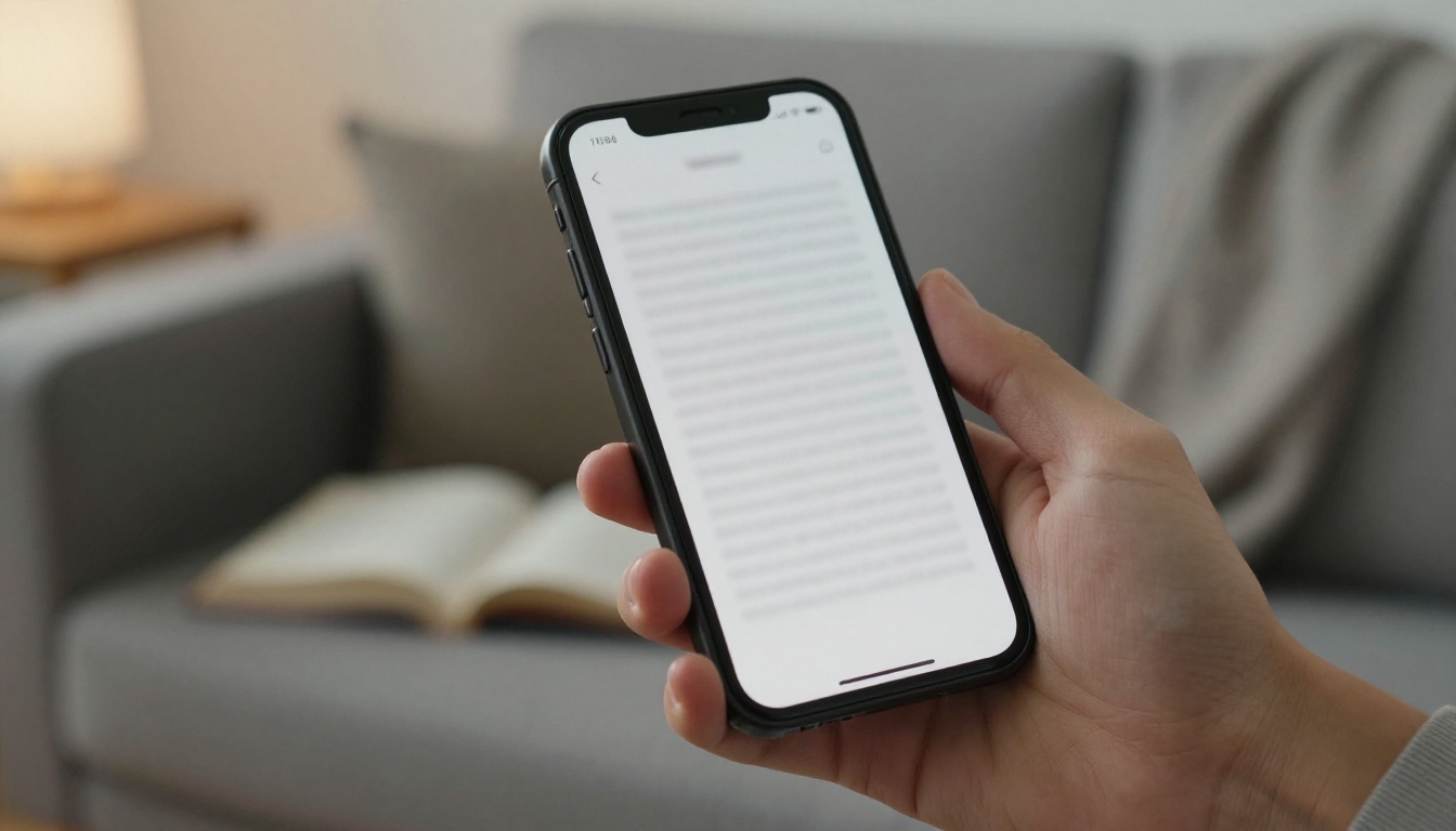 Person holding a smartphone showing a book page while sitting on a sofa