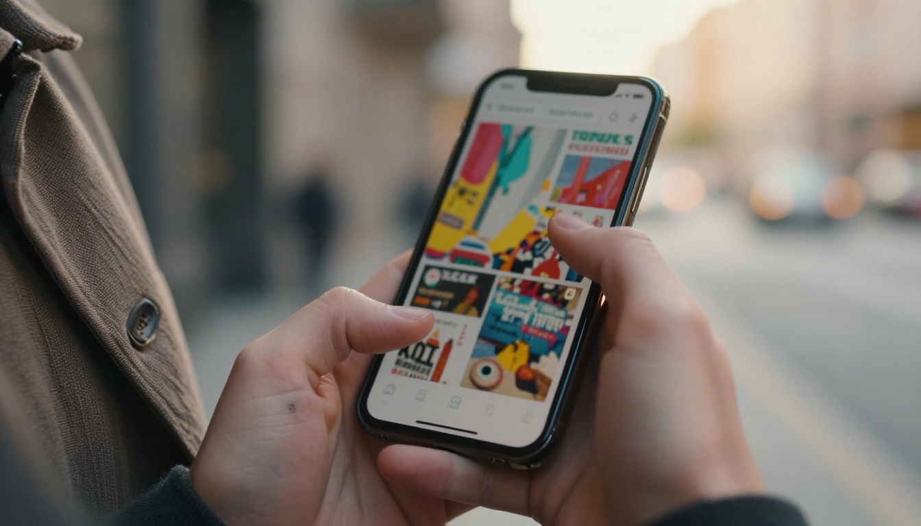 A smartphone showing a colorful digital magazine held against a linen jacket A smartphone showing a colorful digital magazine held against a linen jacket