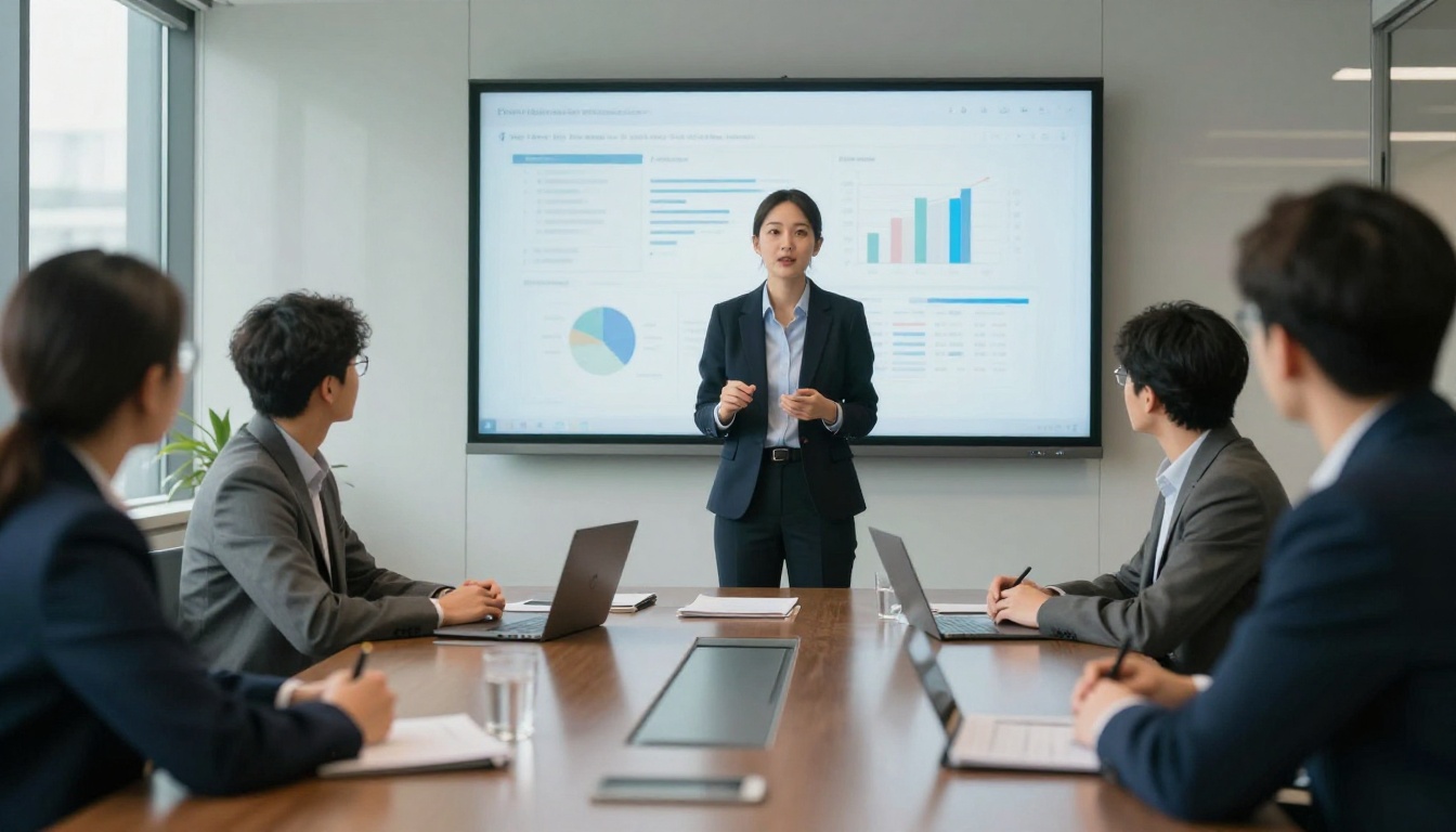 A marketing manager presenting analytics to a team in a meeting room A marketing manager presenting analytics to a team in a meeting room