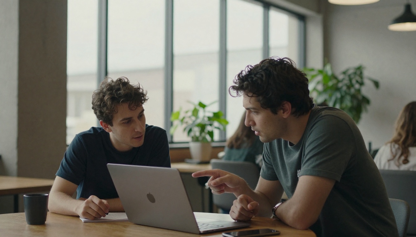Two colleagues discussing a publication on a laptop in a coworking space