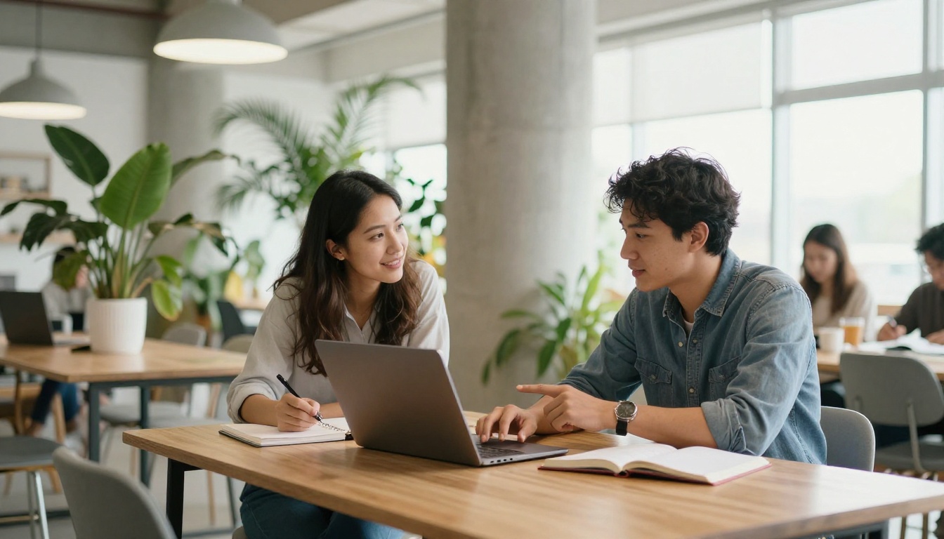Two colleagues reviewing a laptop together in a coworking space