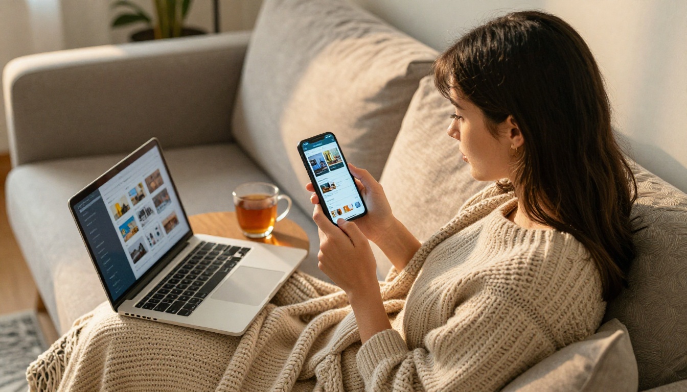 Entrepreneur browsing a digital catalog on a phone at home Entrepreneur browsing a digital catalog on a phone at home