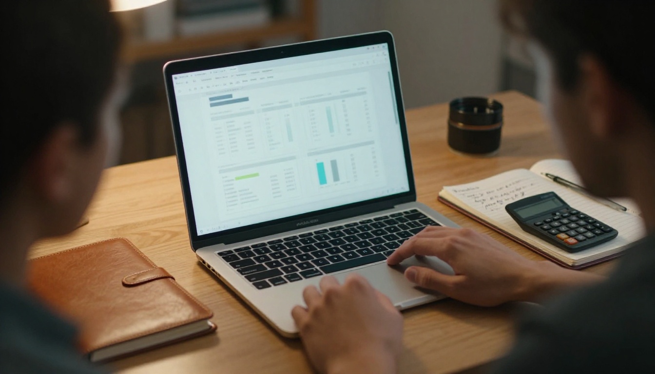 A publisher reviewing analytics on a laptop beside a notebook and calculator A publisher reviewing analytics on a laptop beside a notebook and calculator