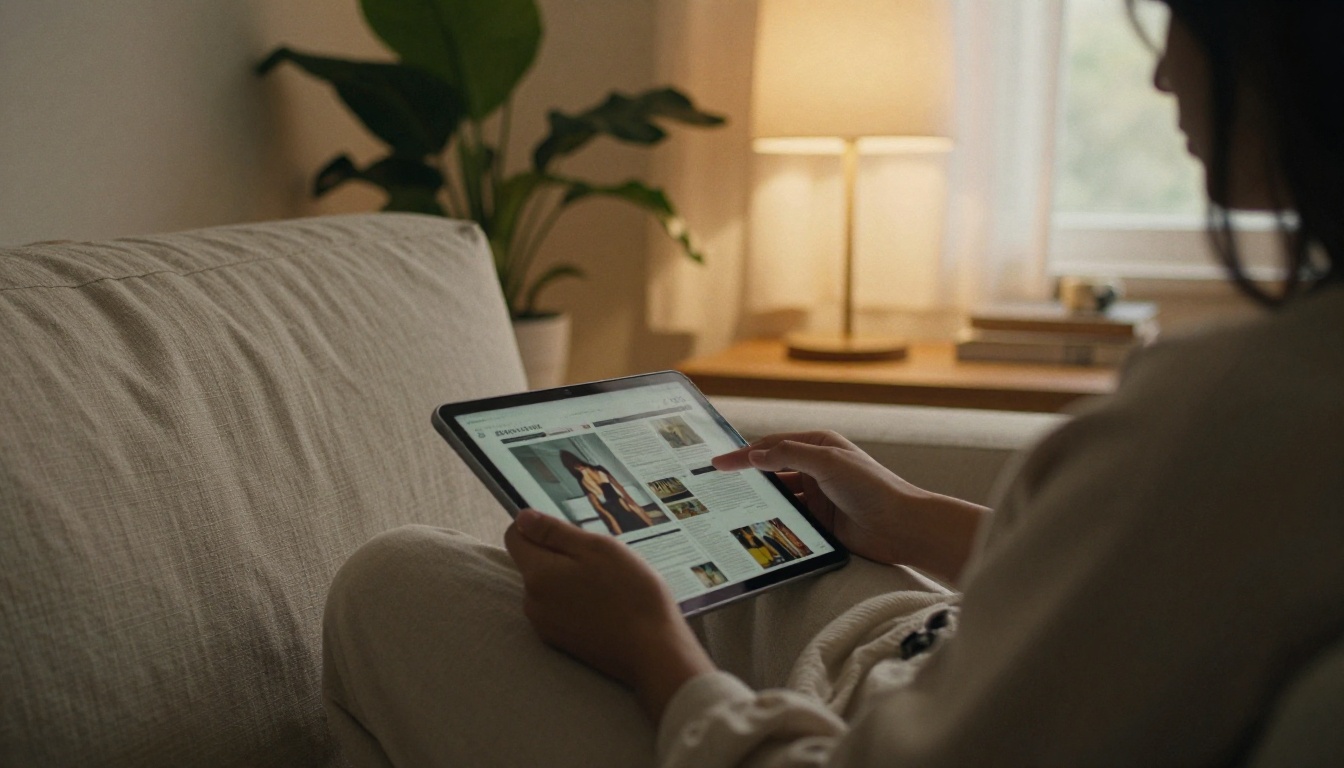 Reader relaxing on a sofa with a tablet showing a magazine page