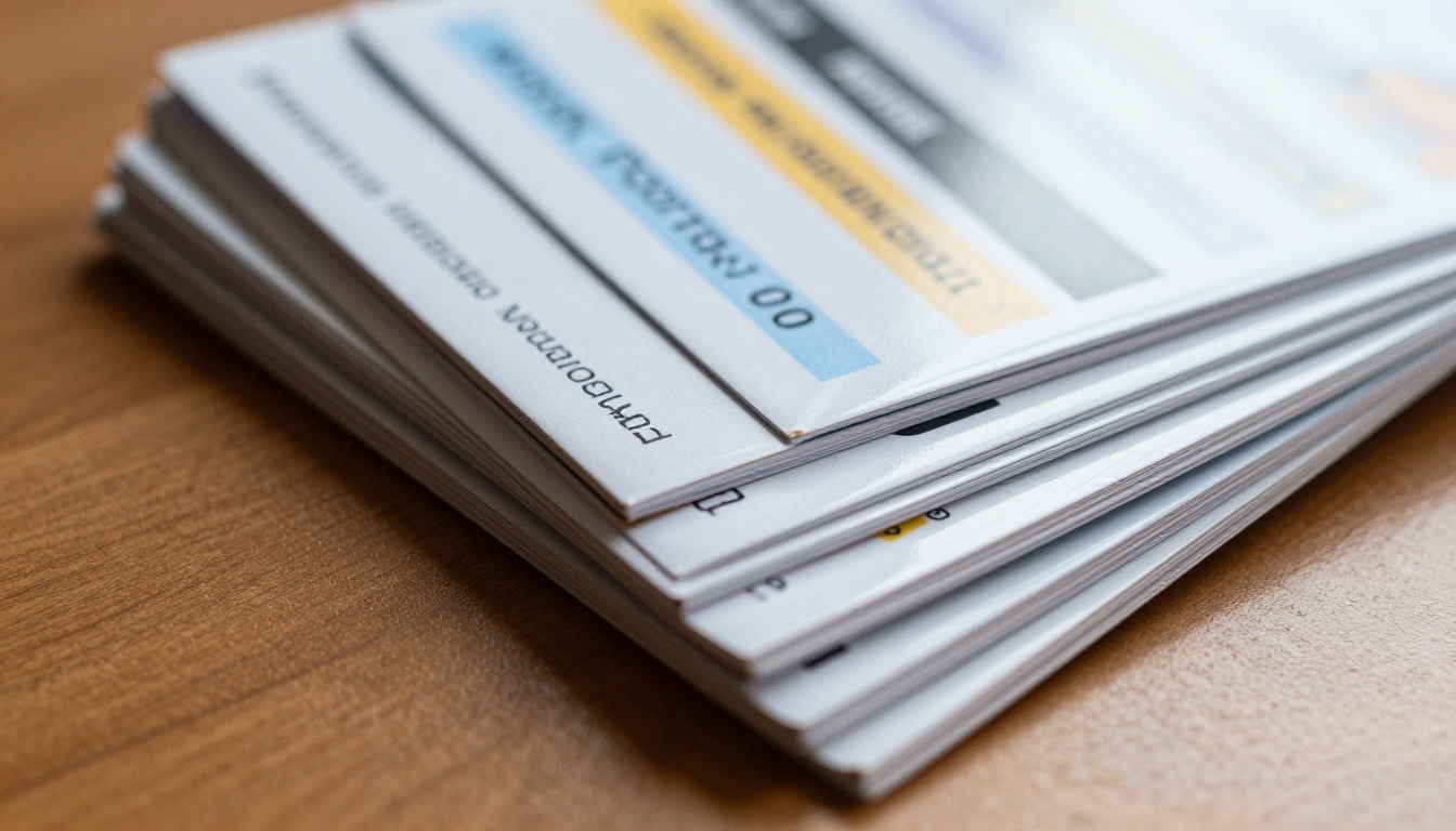 Close-up of fanned printed brochures and catalogs on a wooden surface