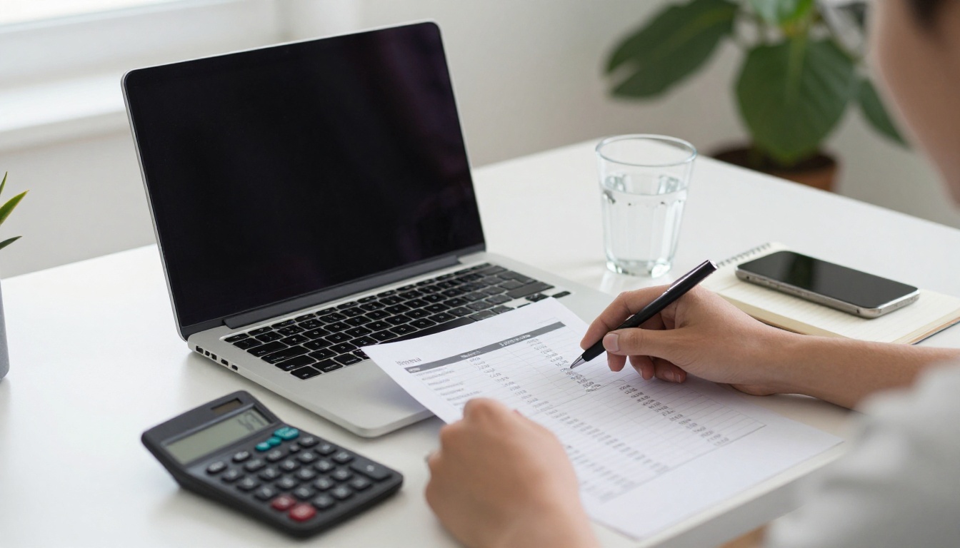Person reviewing a pricing comparison on a laptop with a calculator Person reviewing a pricing comparison on a laptop with a calculator