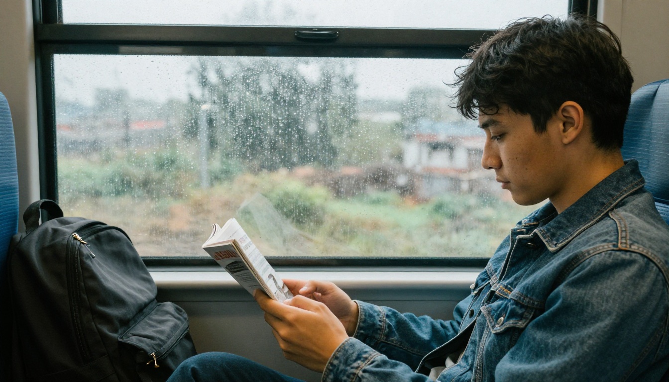 A young man reading a magazine on his smartphone on a rainy train ride A young man reading a magazine on his smartphone on a rainy train ride